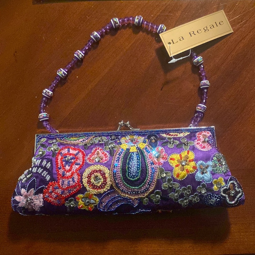 Vintage La Regale Royal Blue w Multicolor Facet Beaded Shell Evening Bag